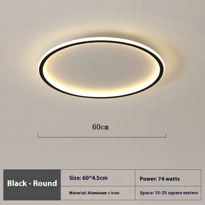 Minimalist modern bedroom ceiling lamp in black, gold or white finish, shown in 60cm size.