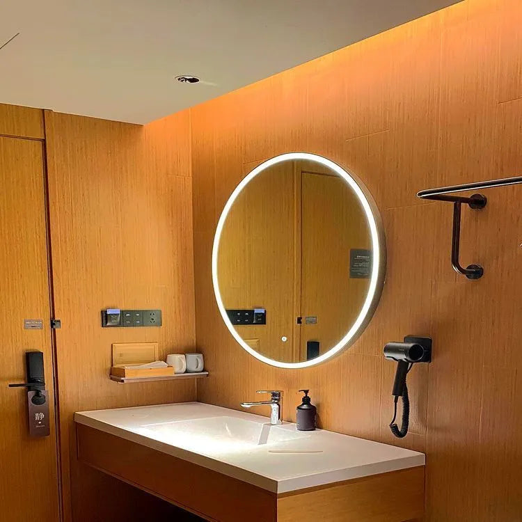 Round black aluminium framed wall mirror with integrated LED lighting rings.