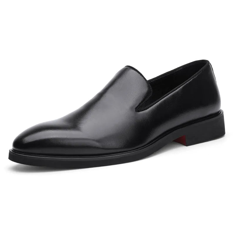 Men's polished pointed black leather shoes with leather toe cap and rubber sole, side view