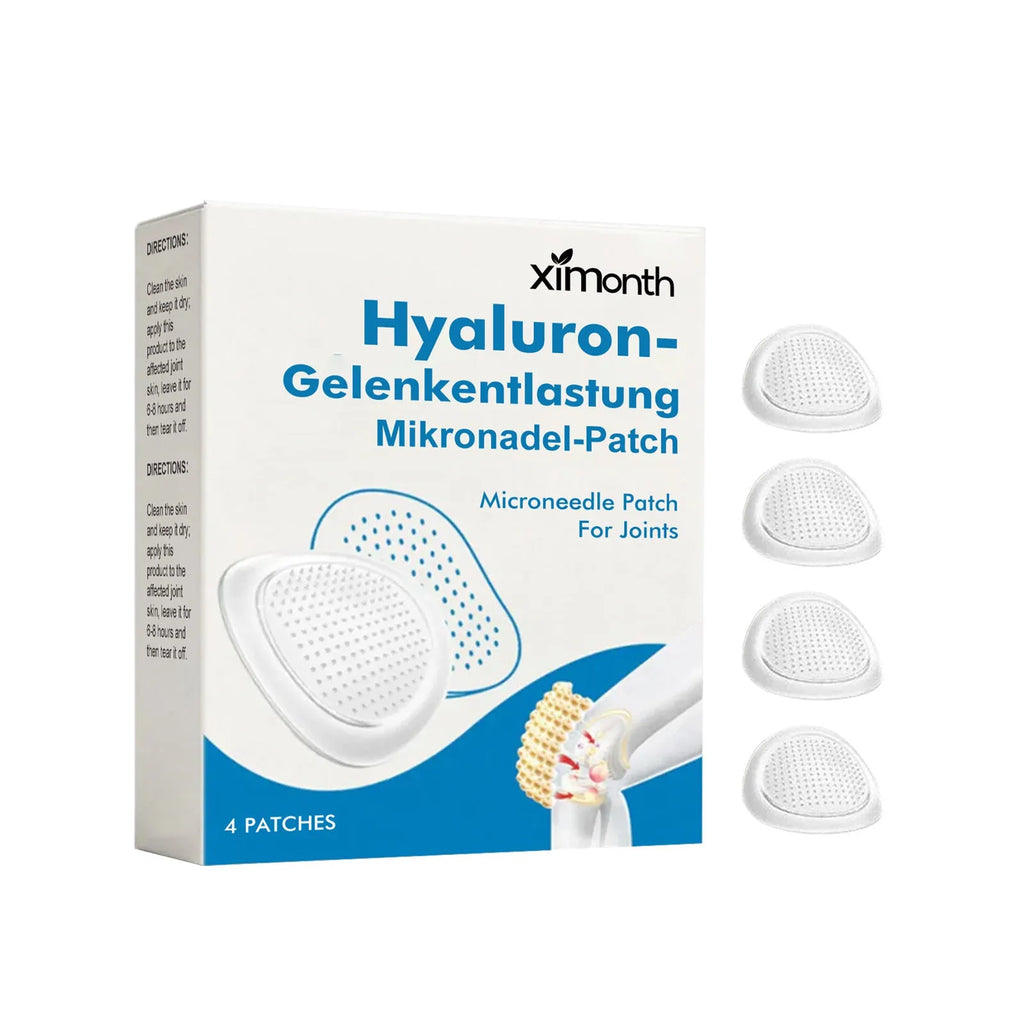 Four hyaluronic acid joint relief microneedle patches in packaging