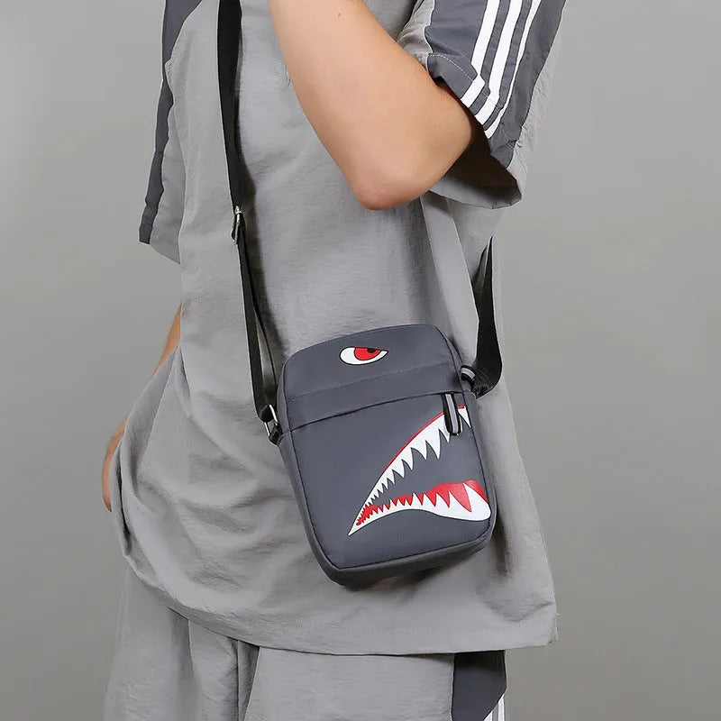 Men's small black crossbody bag with animal print, made from Oxford cloth.