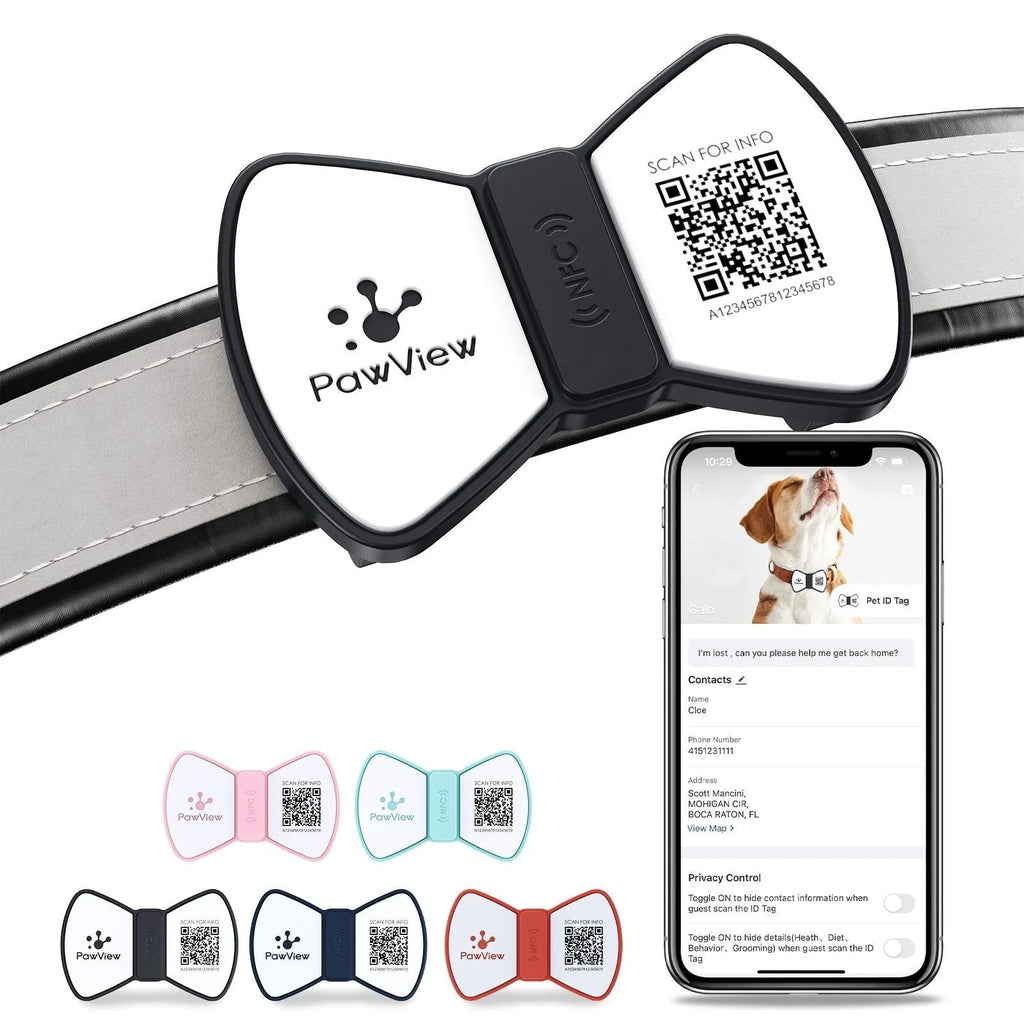 NFC smart QR code silicone pet tag with bowknot in black, blue, pink, red on dog collar