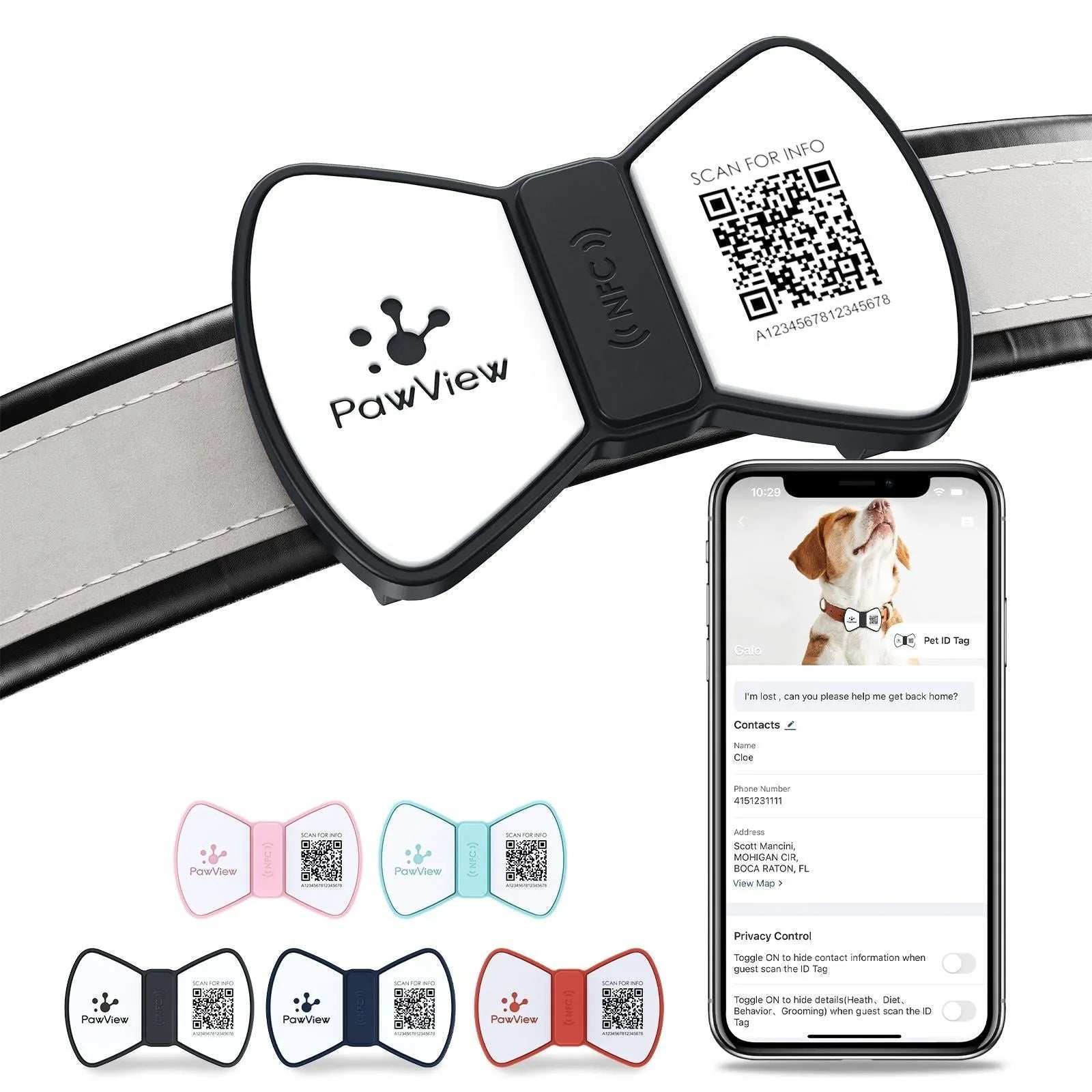 NFC smart QR code silicone pet tag with bowknot in black, blue, pink, red on dog collar