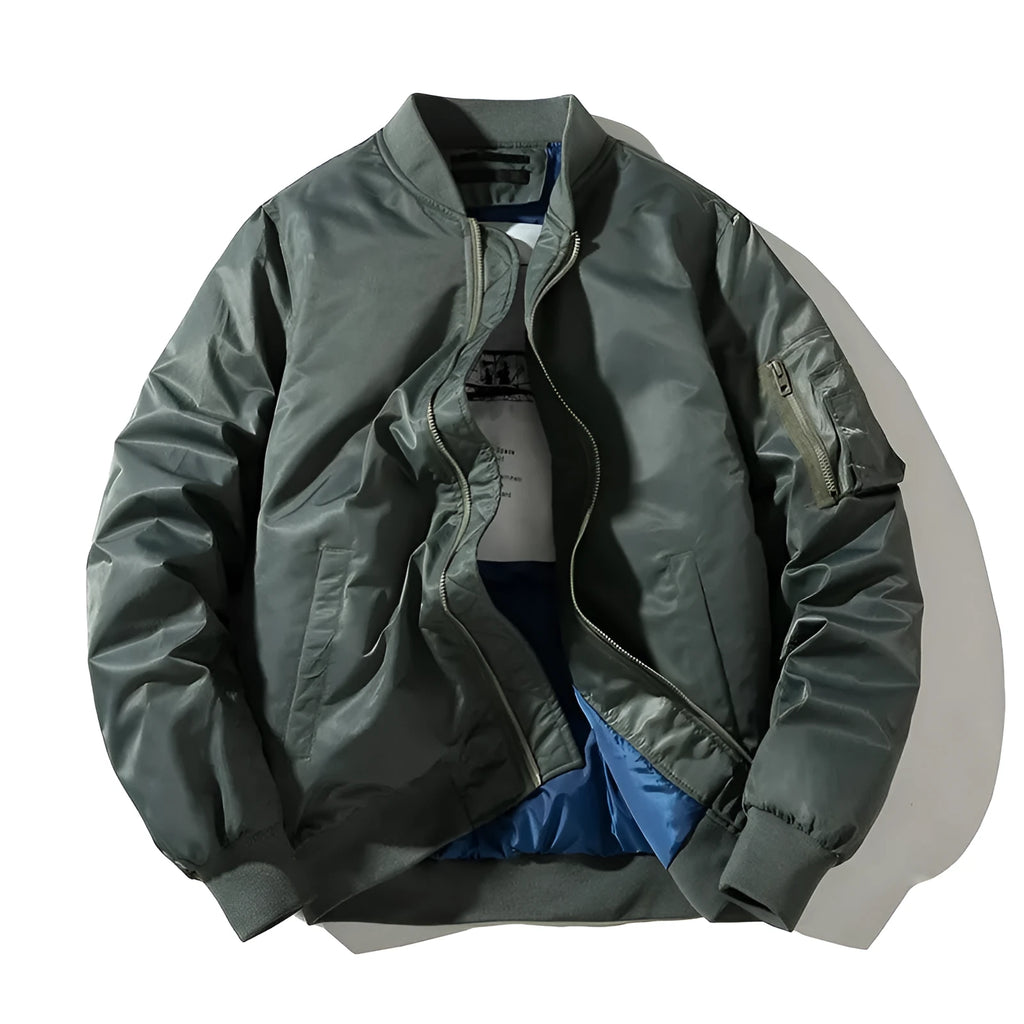 Solid pilot jacket men military flight baseball style, long sleeve ribbed hem, green or black, sizes M to XXXL