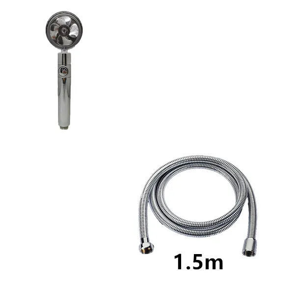Blue handheld shower head with stop button and turbo nozzle on a chrome bracket.