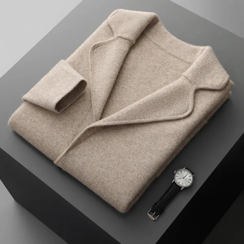 Men's cashmere cardigan knitted jacket in loose fit casual style showing colour options