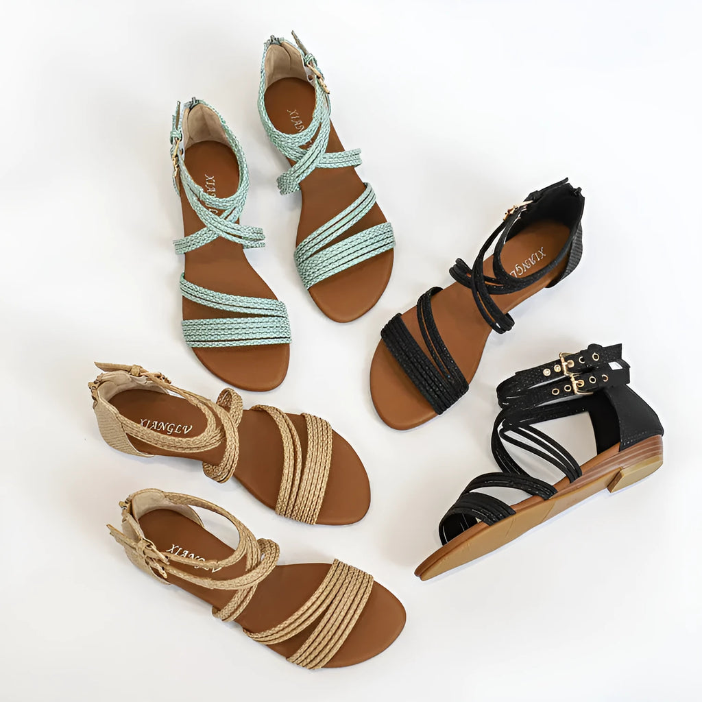 Women's open toe sandals with thick rubber sole and back zipper closure in wedge heel design