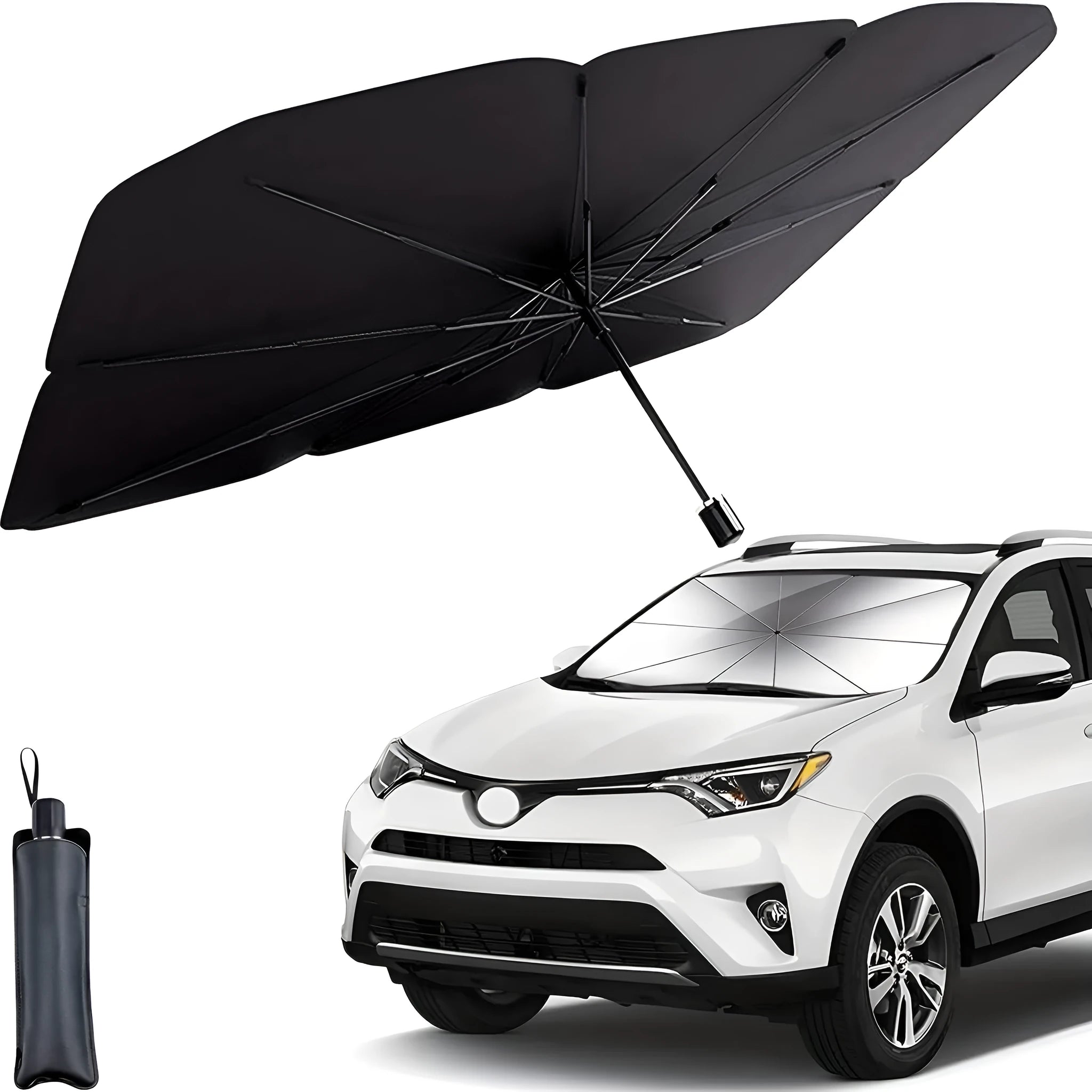 Foldable car windshield sunshade umbrella showing automatic rebound button and composite peptide material