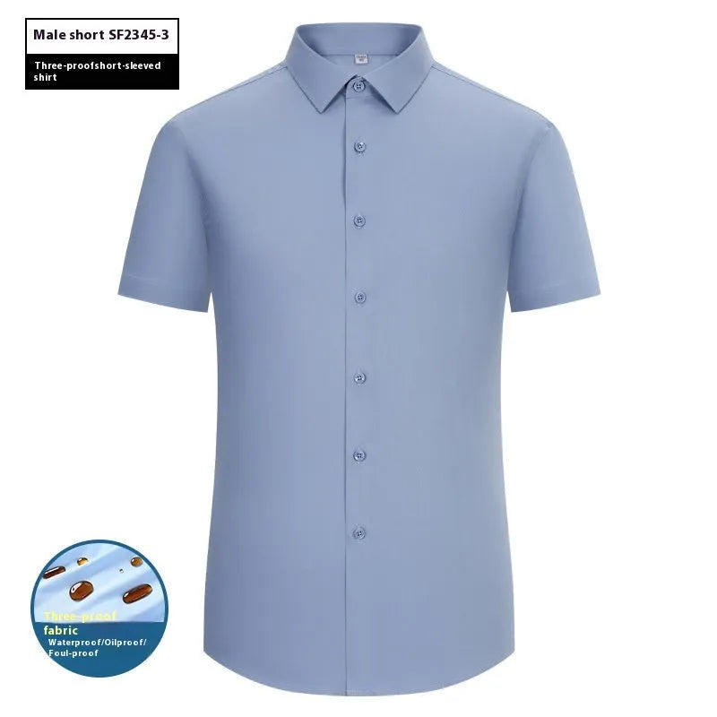 Men's slim fit bamboo fibre shirt with square collar, in a solid colour, showcasing waterproof and stain-resistant fabric.