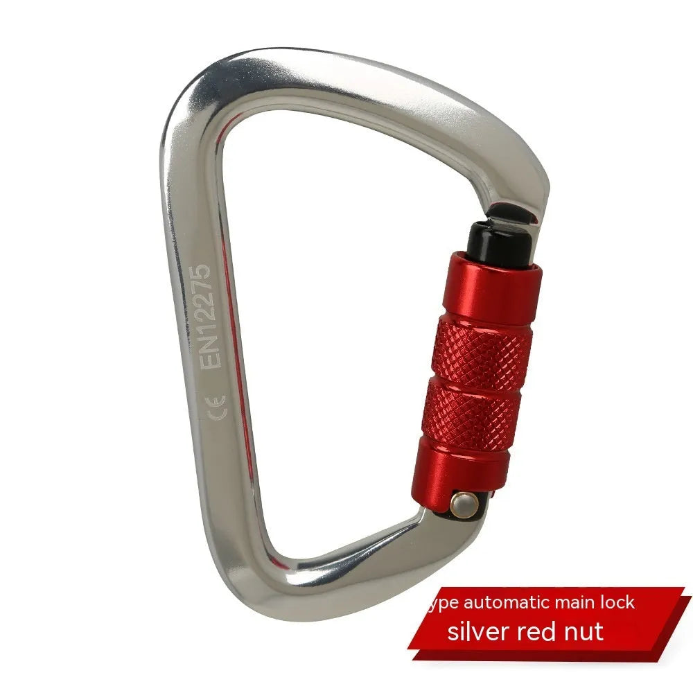 D-shaped rock climbing carabiner with automatic gate shown in orange, alongside a threaded gate version in black.