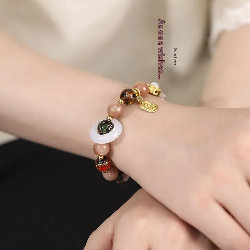 Hand-woven bracelet with fragrant gray glaze beads, sunstone and white lip shell beads