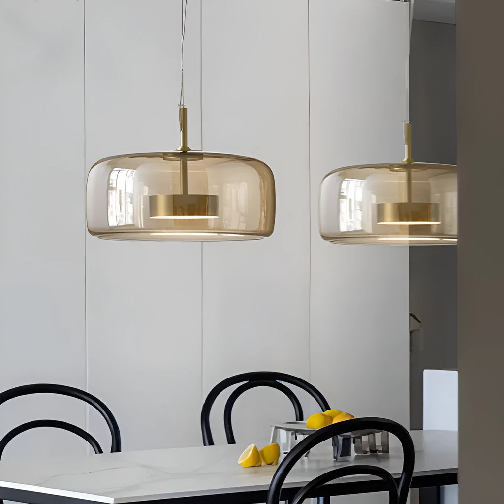 Single head glass pendant lamp with iron body, adjustable 1.5 m drop, in clear, cognac, amber, smoky grey or coffee