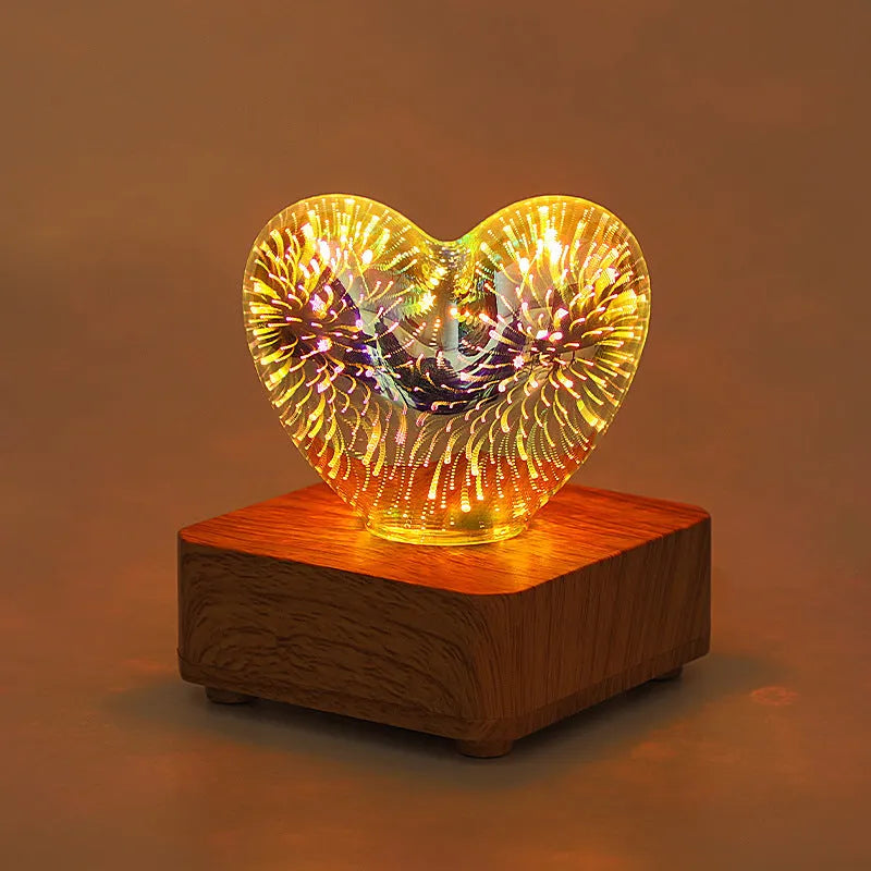 3D love glass small night lamp silver with USB cable on bedside table