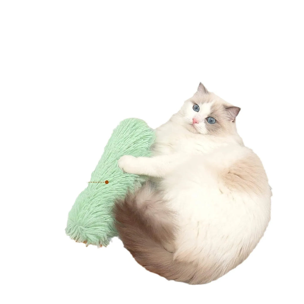 Cat plush toy pillow in blue, green, pink, or white colours measuring 27cm by 10cm