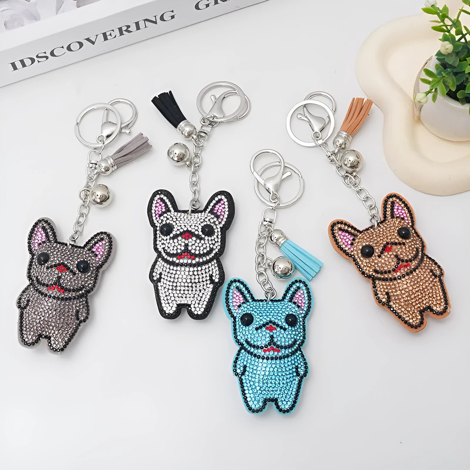French Dog cartoon animal rhinestone keychain in electroplated colours, 5-7cm bag tassel pendant