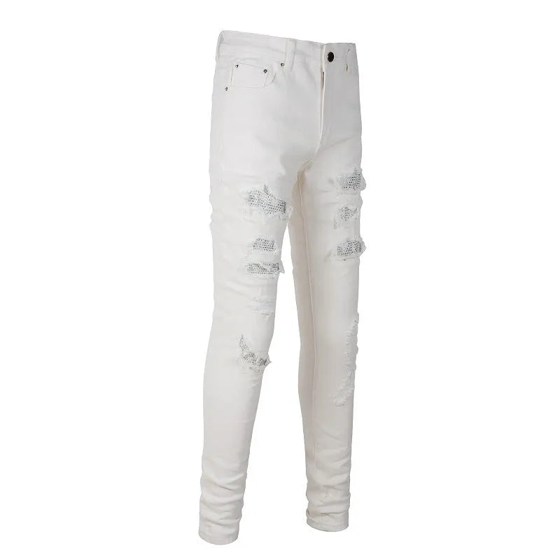 White slim-fit men's jeans with patch hole drill distressing and cotton-spandex blend