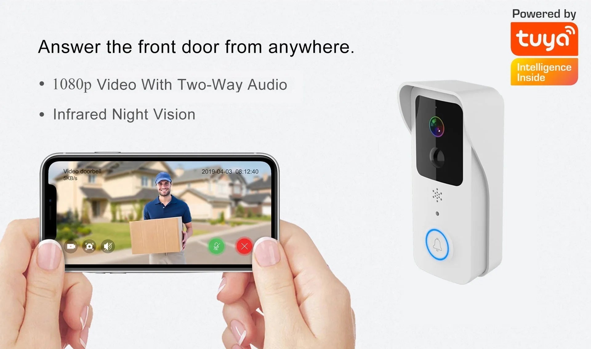 Waterproof smart HD visual doorbell with a rechargeable battery on a doorstep.