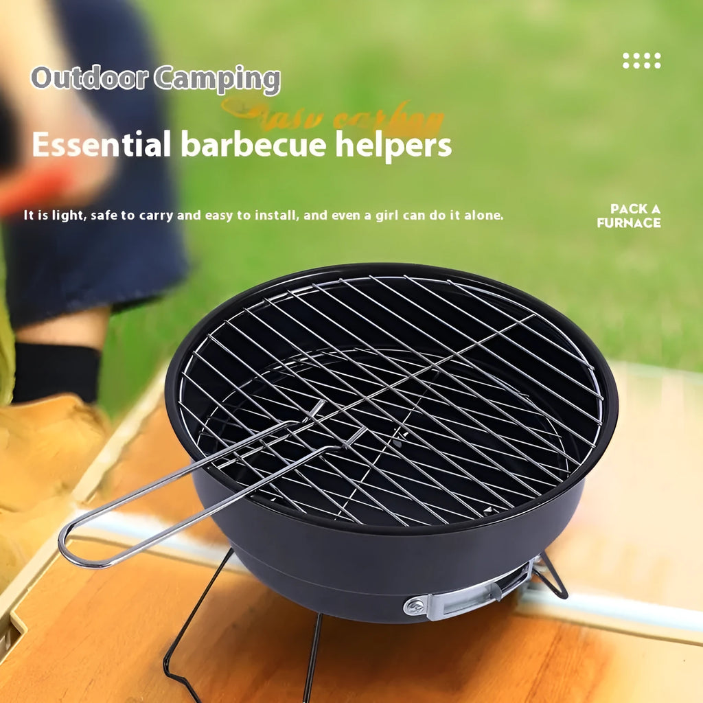 Small round metal folding ice stove with mesh grill, legs, and carbon clip, packed in a carry bag.
