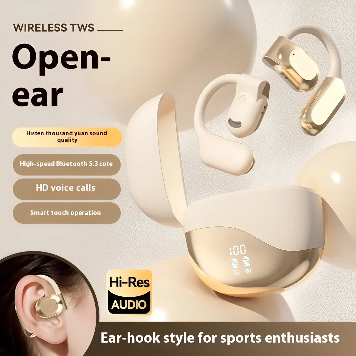 Non in-ear open Bluetooth headset in black Y01 with ear hook design and digital display