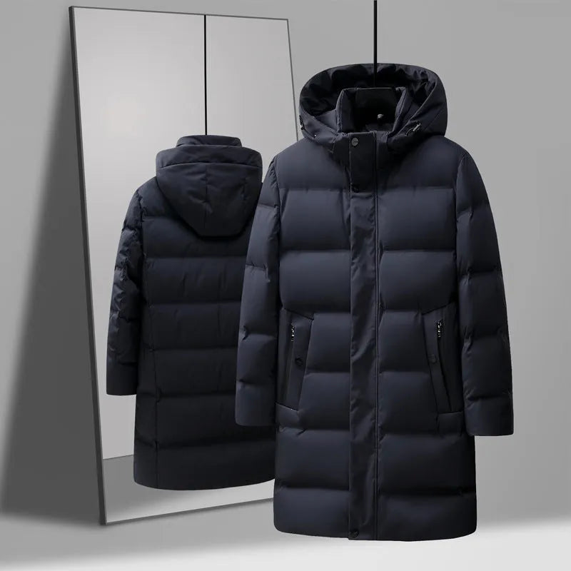 Men's mid-length solid colour polyester fibre down jacket coat for casual winter wear, available in black