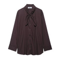 Brown women's poplin shirt with bow tie scarf detail, loose fit design