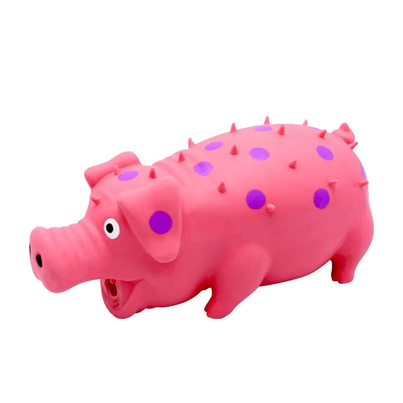 Blue latex squeaky pig dog chew toy with textured surface for teeth cleaning, shown next to tape measure showing 20cm length