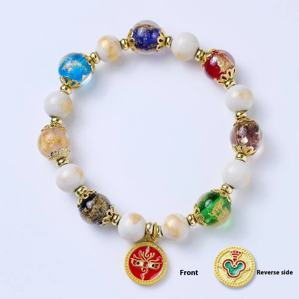 Handmade fragrant gray porcelain bracelet with Five Gods of Wealth motif and 10mm geometric beads