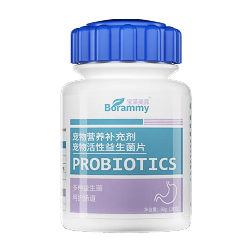 Sealed bottle containing 180 pet probiotic tablets for dog and cat digestive support.