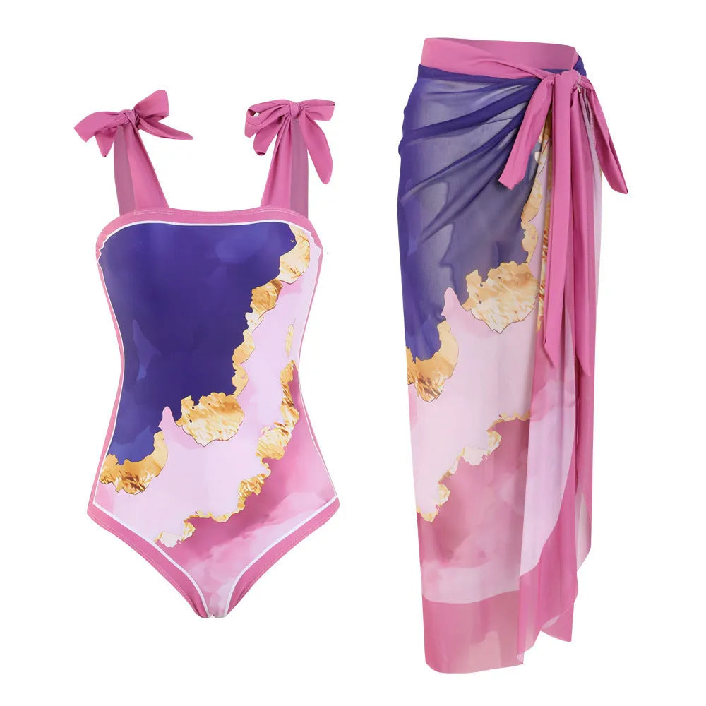 Floral pattern mesh tube top conservative bikini swimsuit with removable skirt in polyester fabric