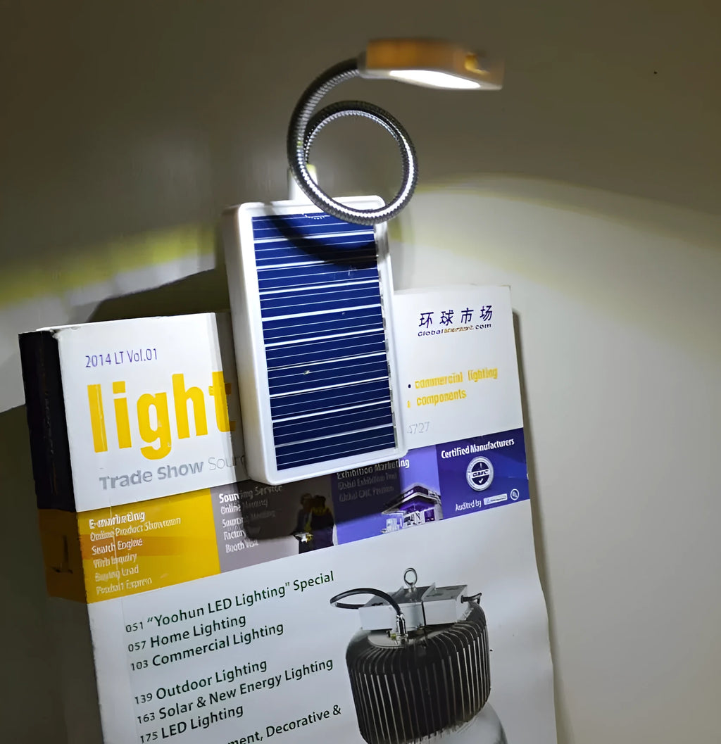 White plastic solar garden lamp with solar panel on top for outdoor pathway lighting.