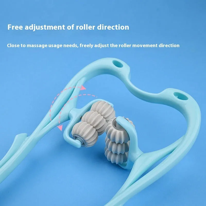 Blue six-wheel electric deep tissue massager with heat for shoulders, neck, and back relief.
