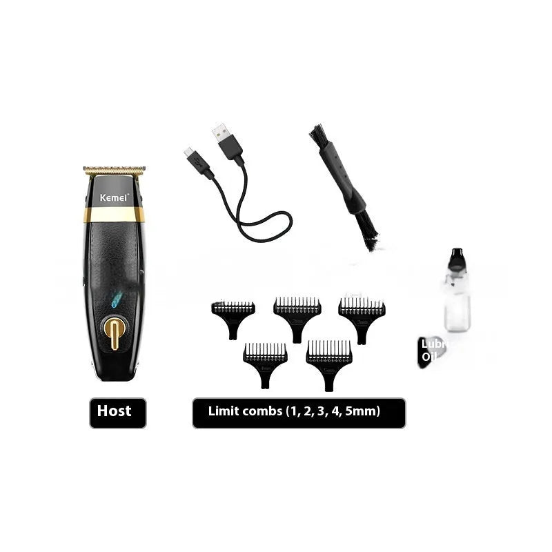 KM1834 rechargeable electric hair clipper with five limit combs on a white background