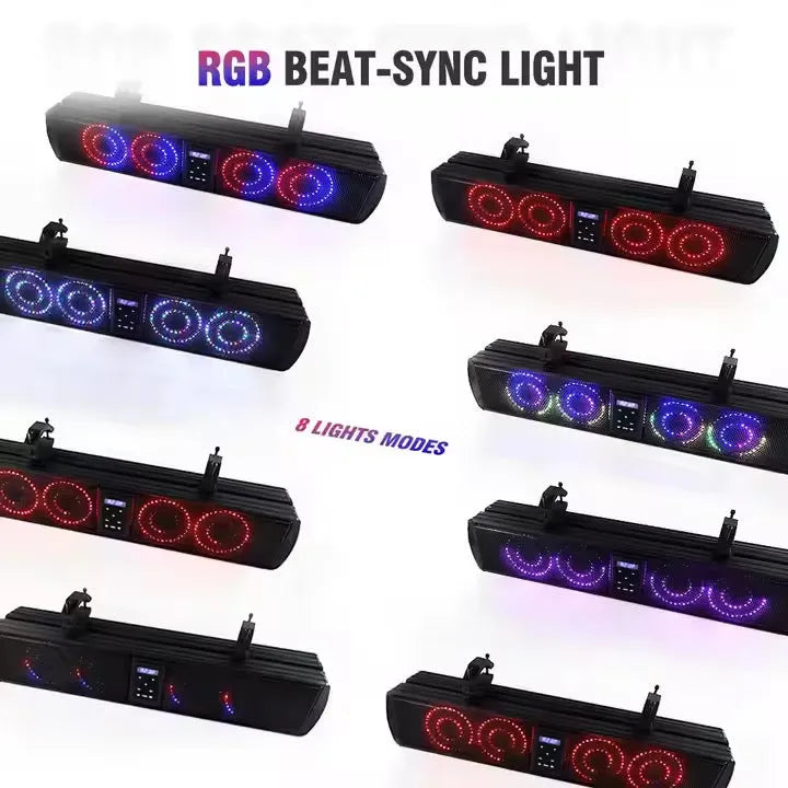 Portable Bluetooth audio system for golf carts and ATVs with speakers and connection ports.