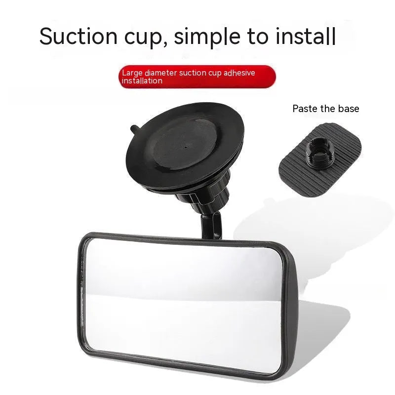 Black 360-degree rotation car rearview mirror showing adjustable mounting options