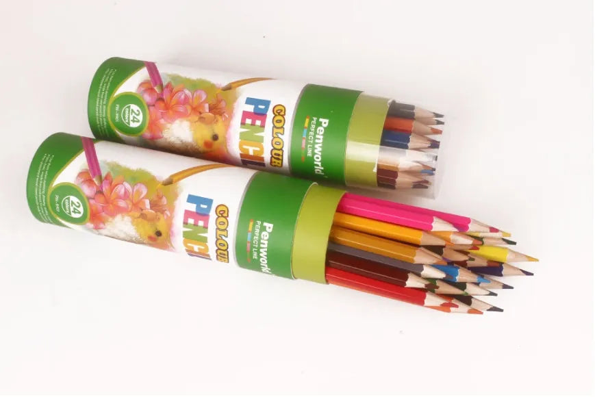 24-colour wooden pencil tube set arranged in a circle showing all colours