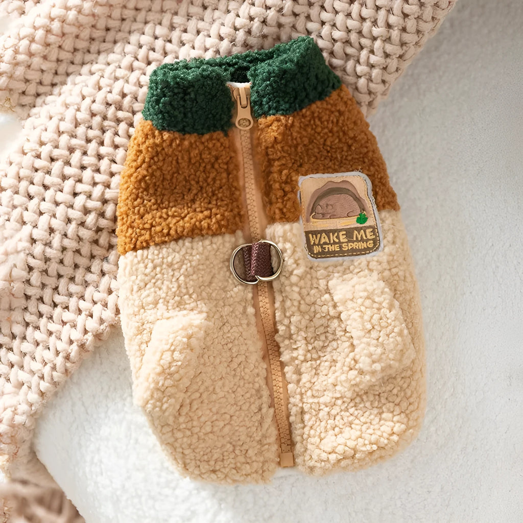 Color-block pet fleece jacket with squirrel patch in green brown beige for small dogs
