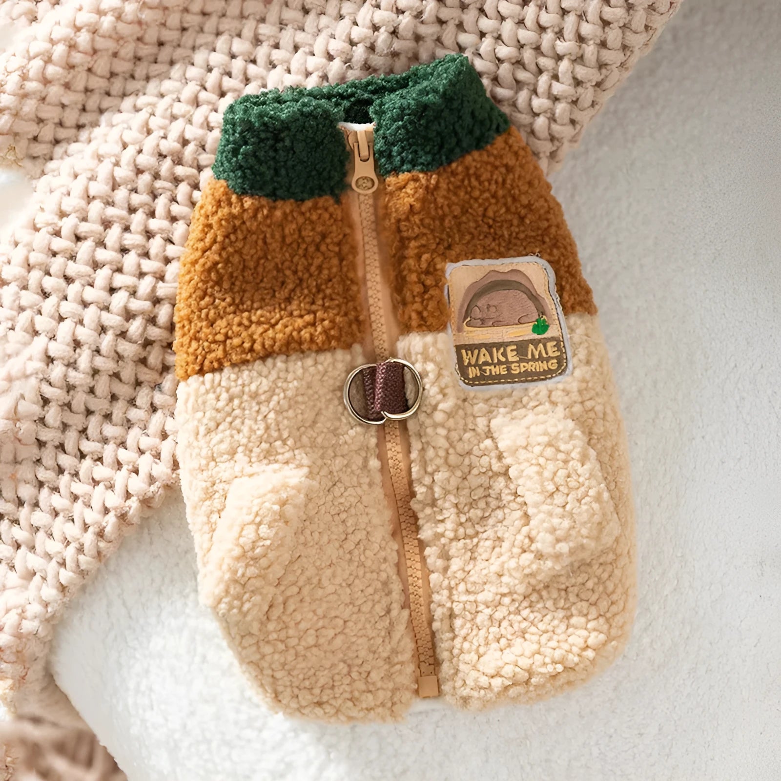 Color-block pet fleece jacket with squirrel patch in green brown beige for small dogs