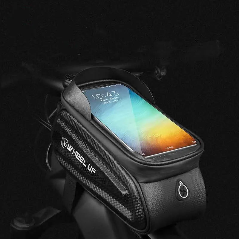 Black and grey mountain bike frame bag with reflective strips mounted on bicycle, showing touch-screen phone panel and adjustable straps