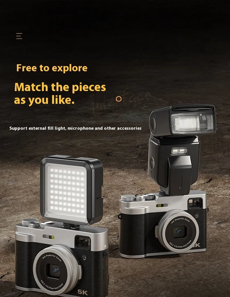 Black and brown 5K digital camera with dual lenses, a 2.88-inch screen, and an optical viewfinder on top.