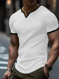 Men's colour-block V-neck sports t-shirt in waffle-textured polyester fabric