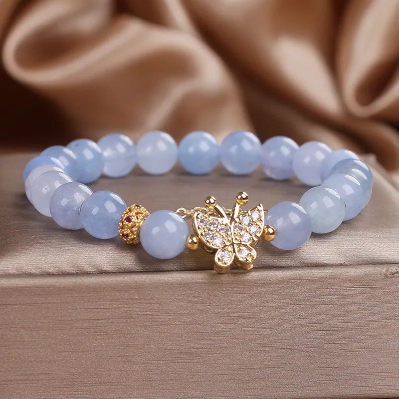 Sky blue aquamarine butterfly crystal bracelet with pearls and rhinestones, 17cm length