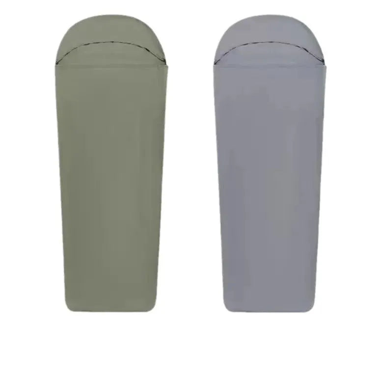 Blue nylon mummy sleeping bag for adults, shown rolled, highlighting its tapered shape and matte plaid fabric texture.