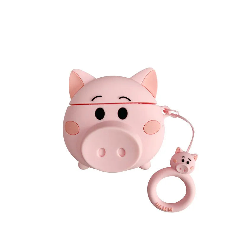 Cartoon pig design silicone flip cover compatible with Apple AirPods 1 2 and 3 in pink colour