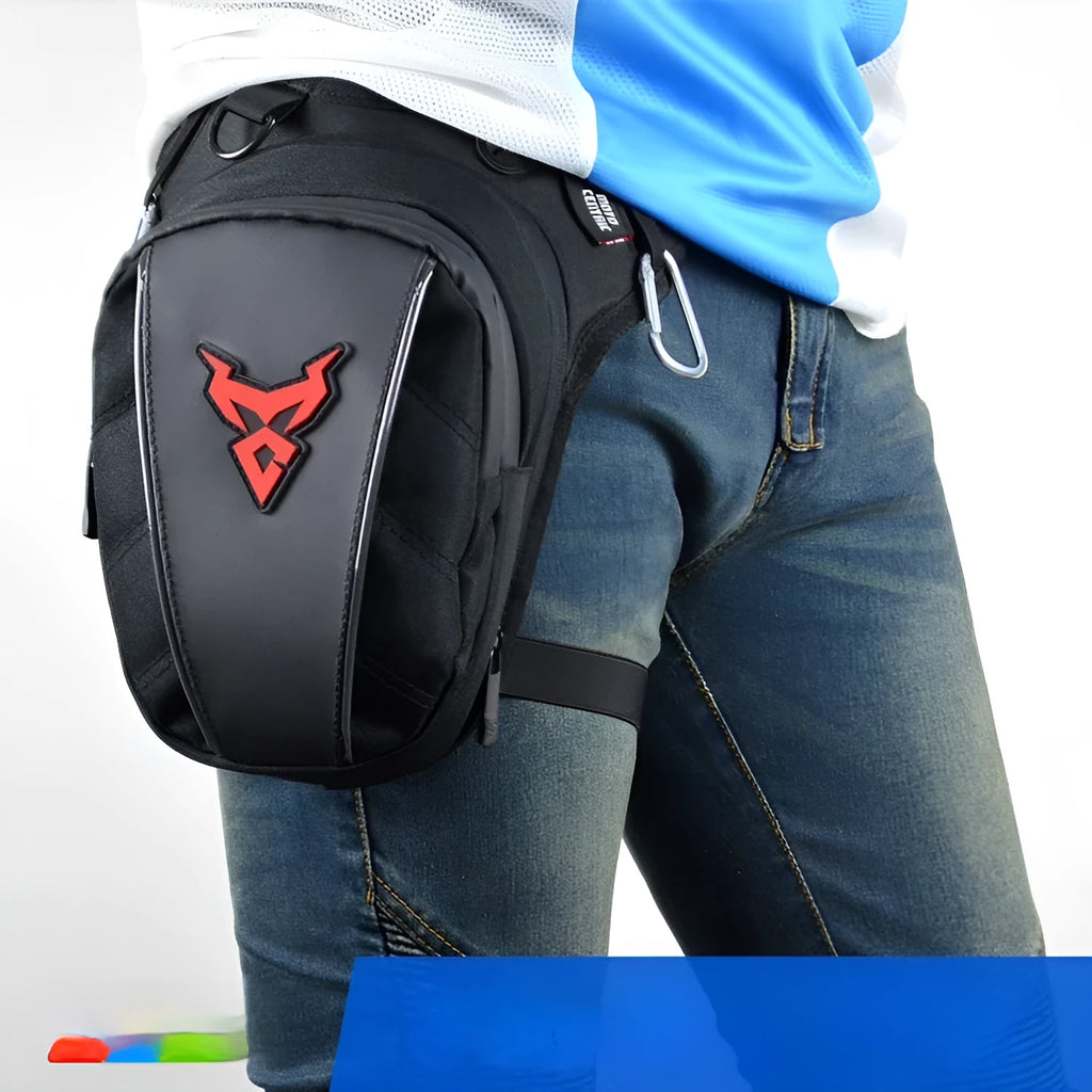 0105MC motorcycle leg bag in 1200D Oxford cloth shown in blue, with adjustable strap for multiple carry positions.
