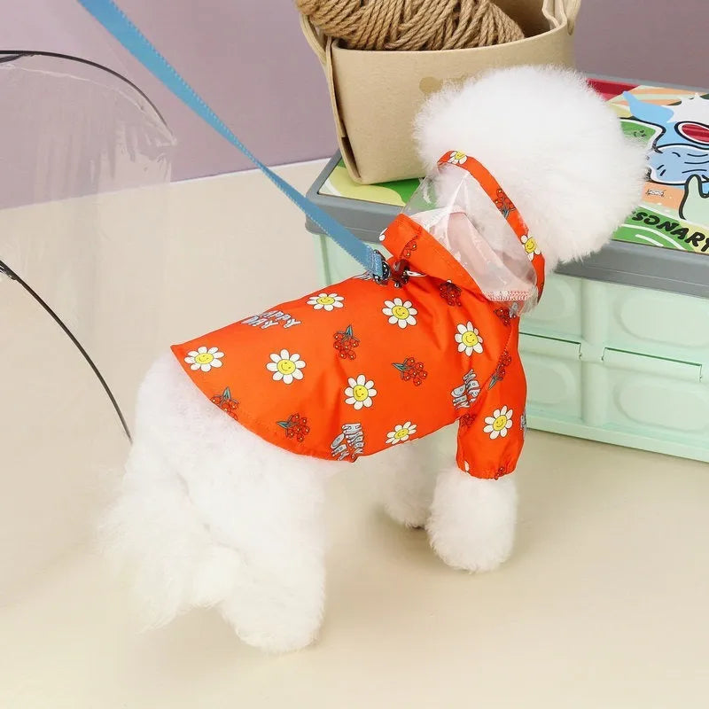 Transparent dog raincoat with small flower print and pull ring traction system
