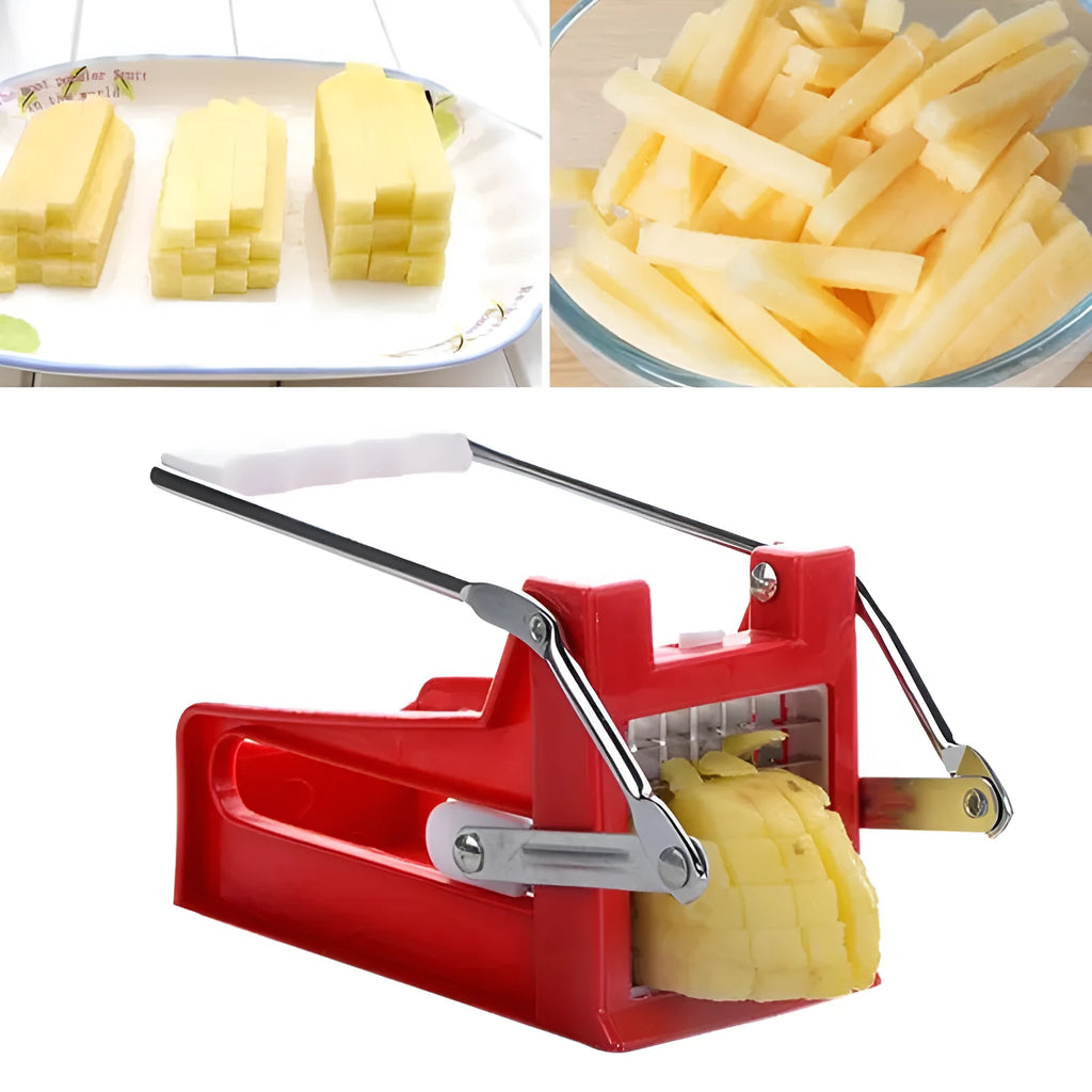 Manual potato cutter with stainless steel blades and non-slip rubber foot for French fry preparation