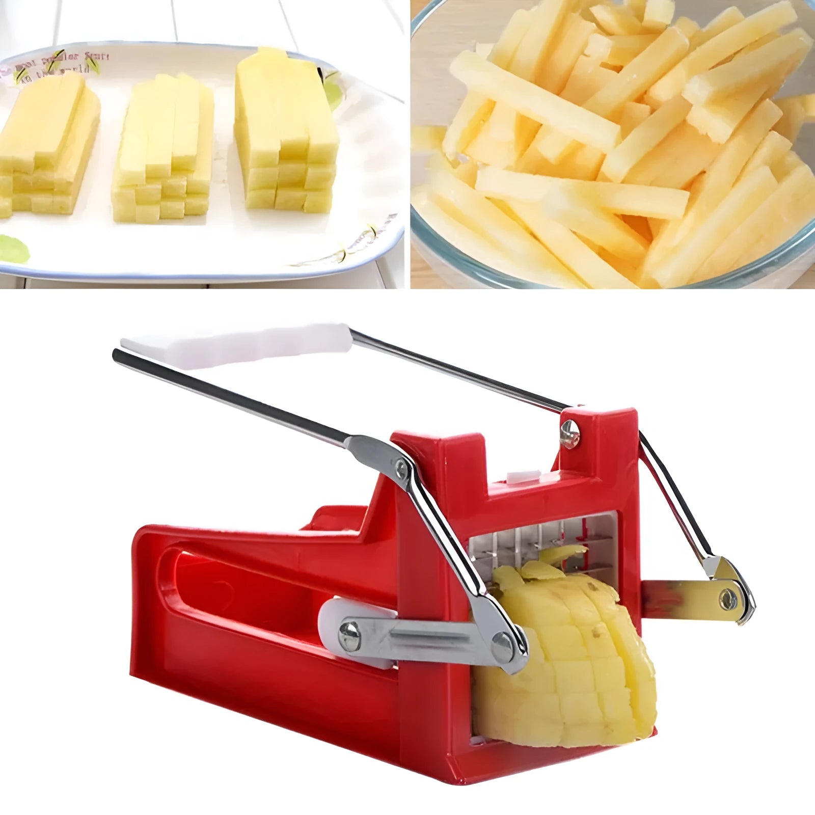Manual potato cutter with stainless steel blades and non-slip rubber foot for French fry preparation