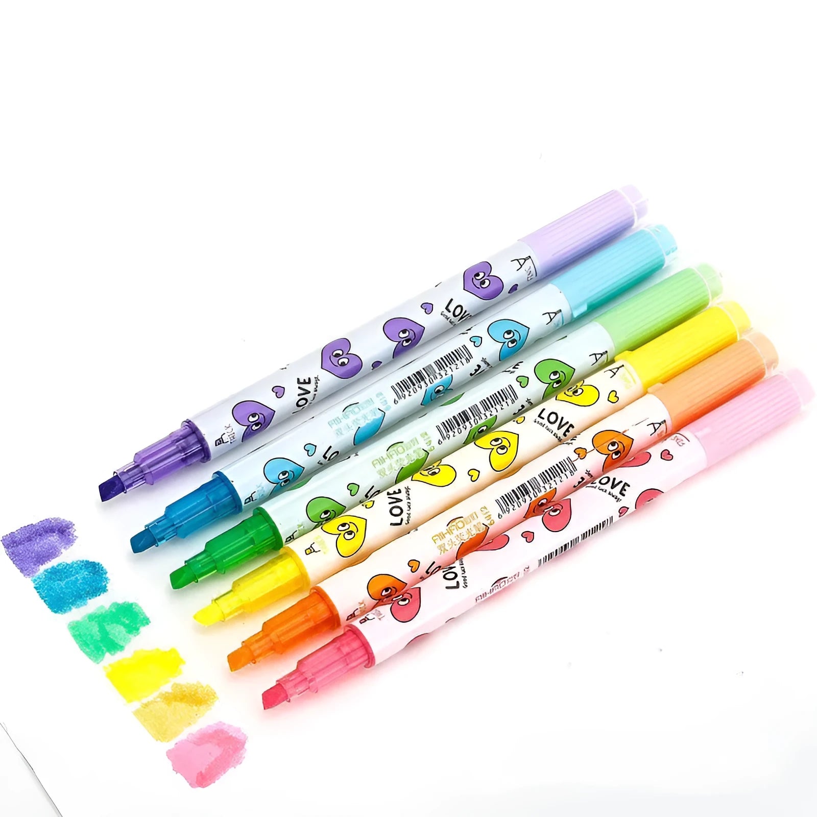 Six double-headed watercolour highlighters showing pink, orange, yellow, green, blue, and purple colours with plug-in caps