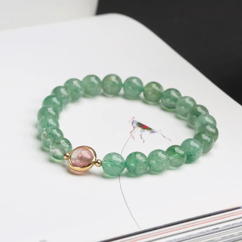 Green strawberry quartz single circle ball bracelet with 7.5mm beads and hand-woven construction