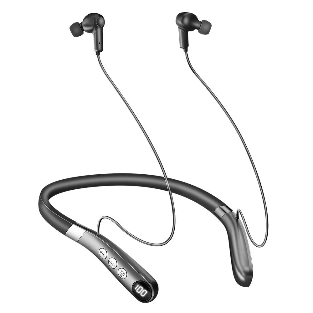 Wireless Bluetooth headset in black with digital display screen, silicone ear pieces, intelligent noise reduction, 16-channel hearing aid chip